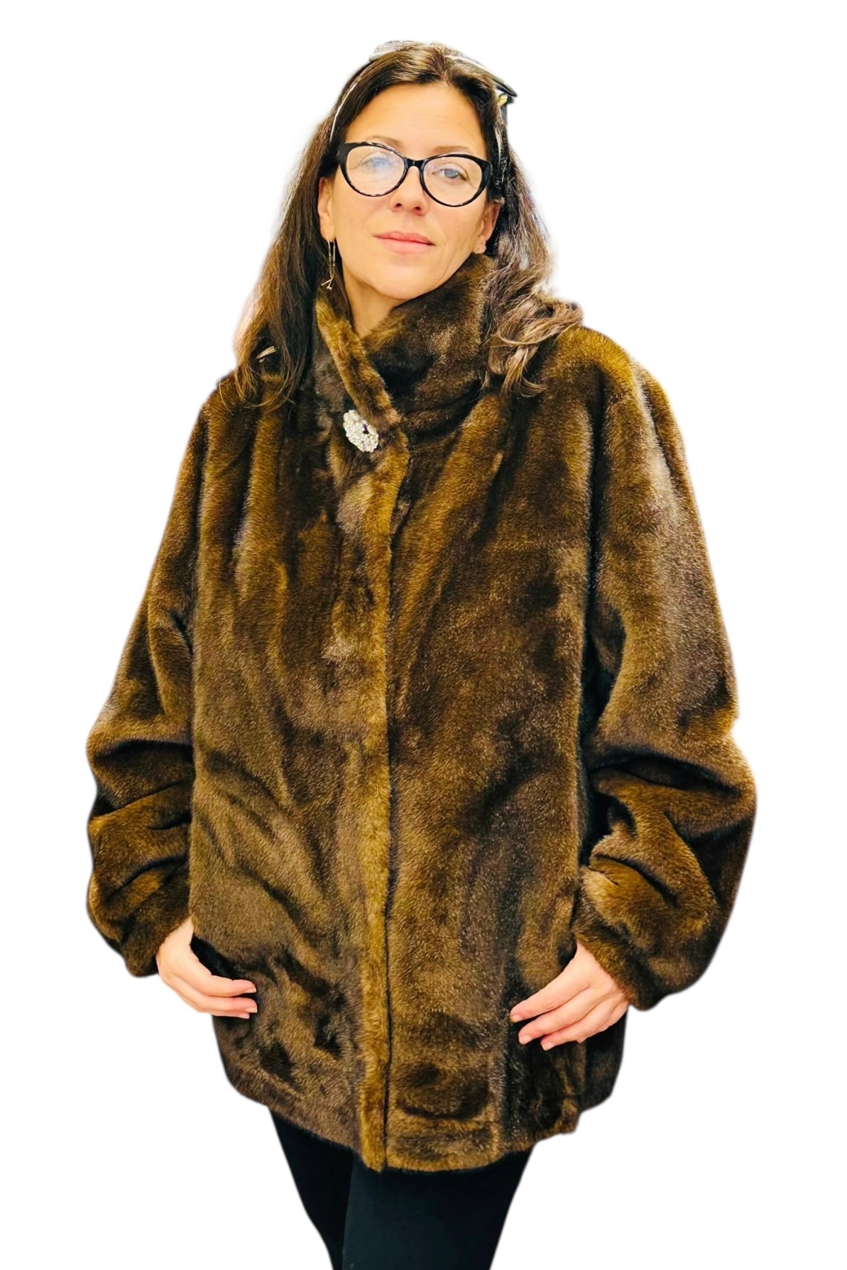 Charizma - Συνθετική Γούνα με Ψηλό Γιακά, Τσέπες & Στρασένιο Κουμπί στον Λαιμό Καφέ