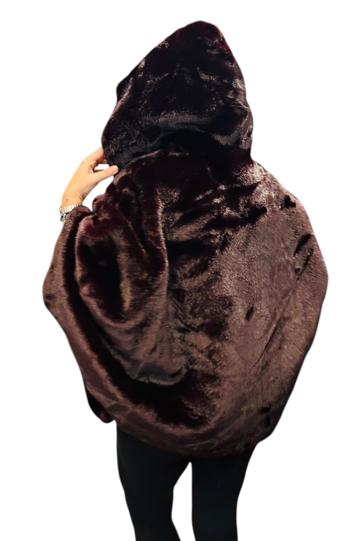Charizma - Συνθετική Γούνα με Κουκούλα, Τσέπες σε Στυλ Κάπας Μπορντό