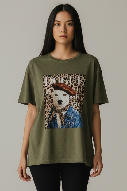 Charizma - Unisex Βαμβακερό Χακί Μακό T-Shirt Oversized με Στάμπα Dogue Paris