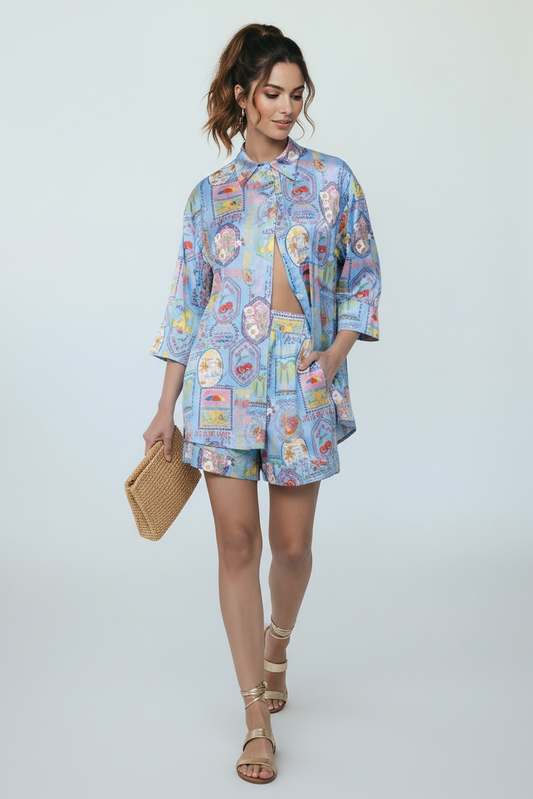 New Age - Σετ Πουκάμισο & Σορτς με Pop Art Σχέδια – Γαλάζιο Positano