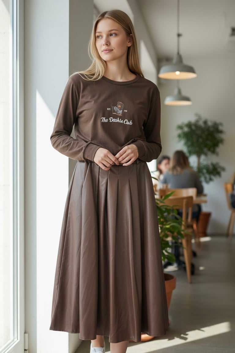 Charizma - Δερματίνη Φούστα με Πιέτες Καφέ