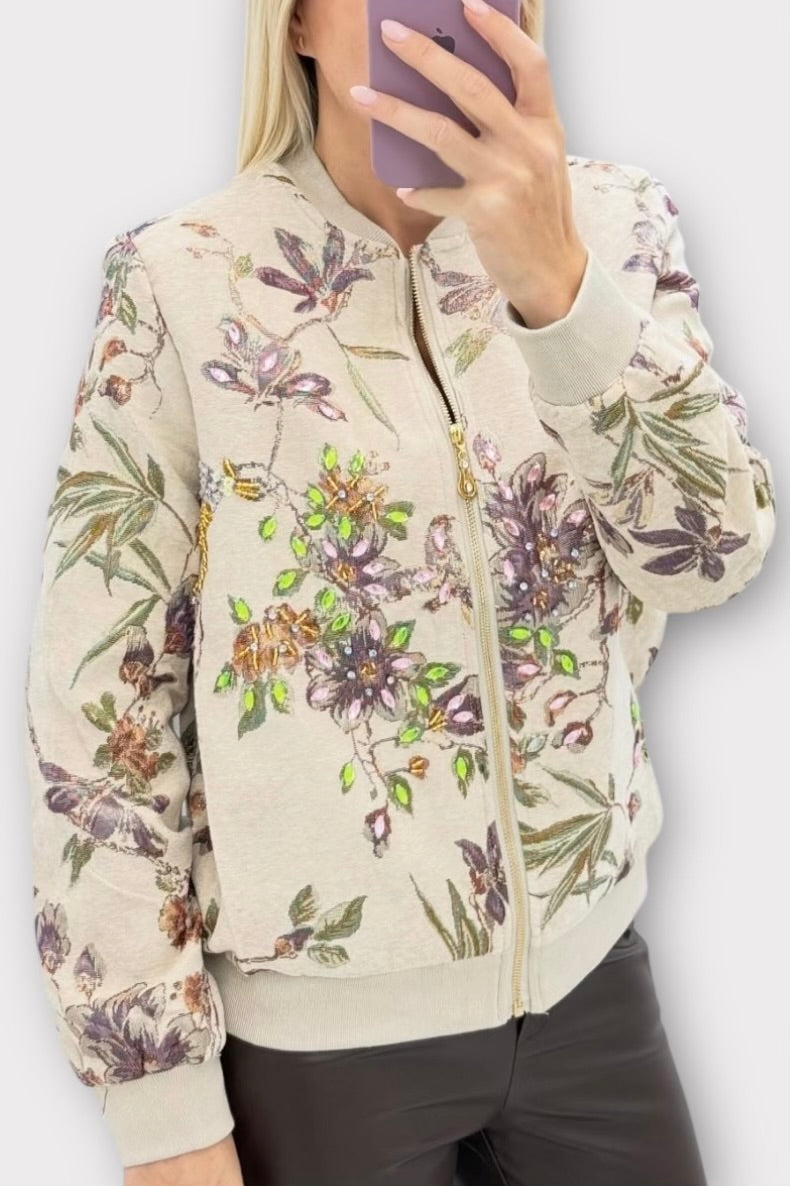 Charizma - Πανωφόρι Bomber με Ανάγλυφο Ανθοκέντημα & Παγιέτες Μπεζ