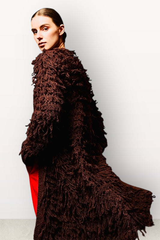 Tailor Made - Boho Touch Μακριά Πλεκτή Ζακέτα με Κρόσσια Καφέ