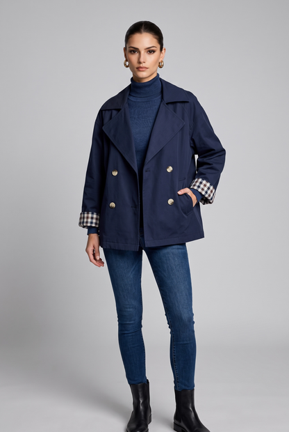 Gioya & Co - Καμπαρντίνα Κοντή με Καρό Λεπτομέρειες Μπλε
