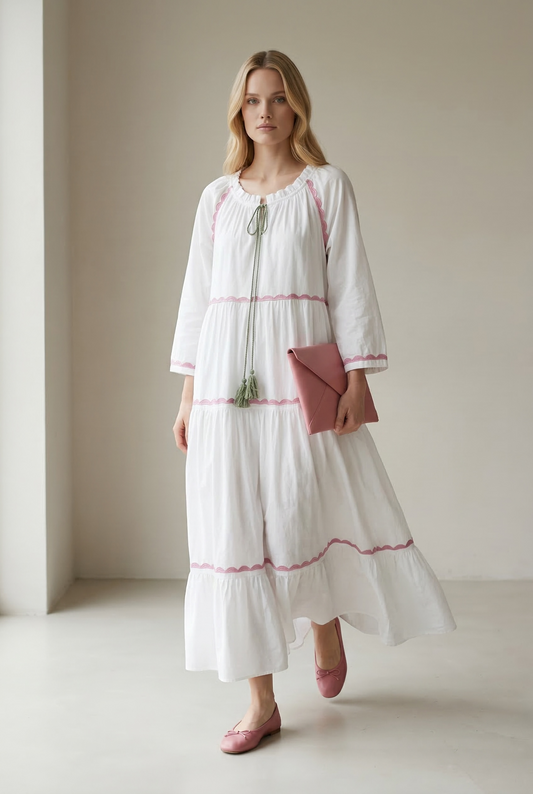 Gioya &Co - Λευκό Boho φόρεμα με ροζ διακοσμητικές λεπτομέρειες