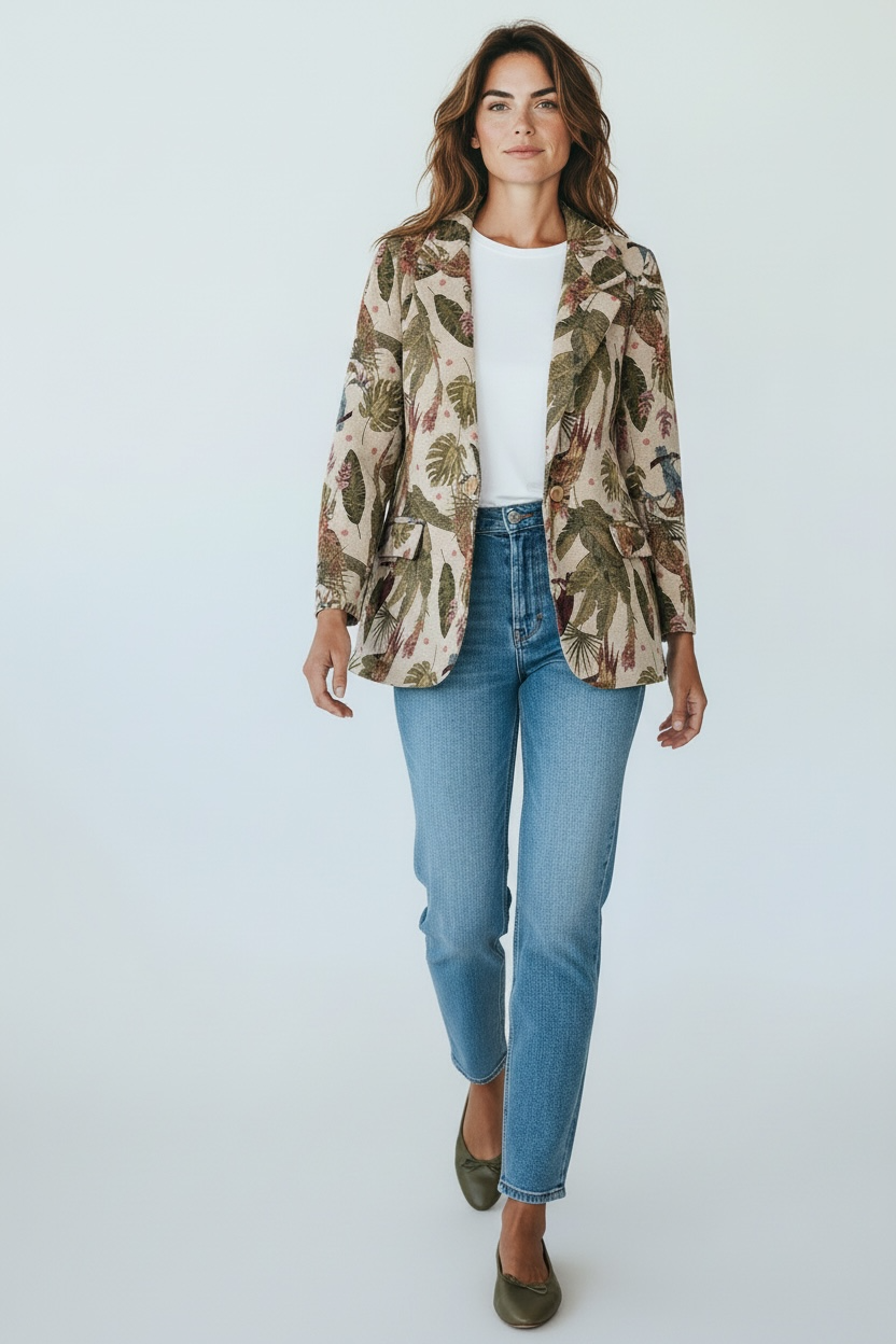 Zeta Otto - Μπροκάρ σακάκι με πέτο & στενή εφαρμογή με θέμα Ζούγκλα