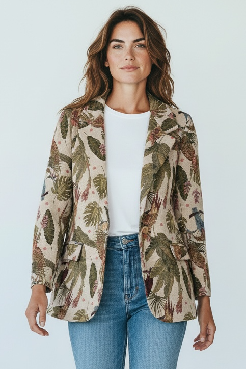 Zeta Otto - Μπροκάρ σακάκι με πέτο & στενή εφαρμογή με θέμα Ζούγκλα