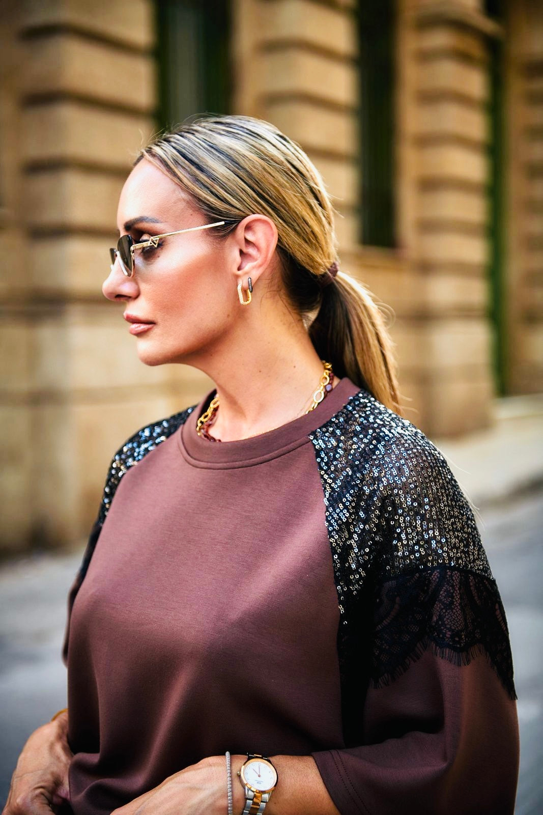 Figaro - Φαρδιά Παντελόνα Καφέ με Λάστιχο & Ρίγα στο Πλάι