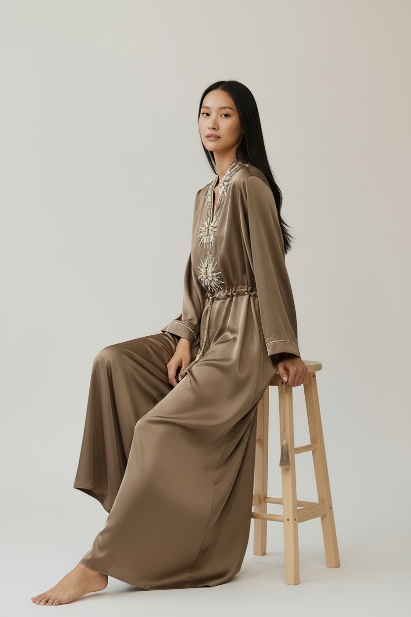 Charizma - Μάξι Καφτάνι Φόρεμα με Διακοσμητικά Στοιχεία και Ρυθμιζόμενη Μέση Καφέ