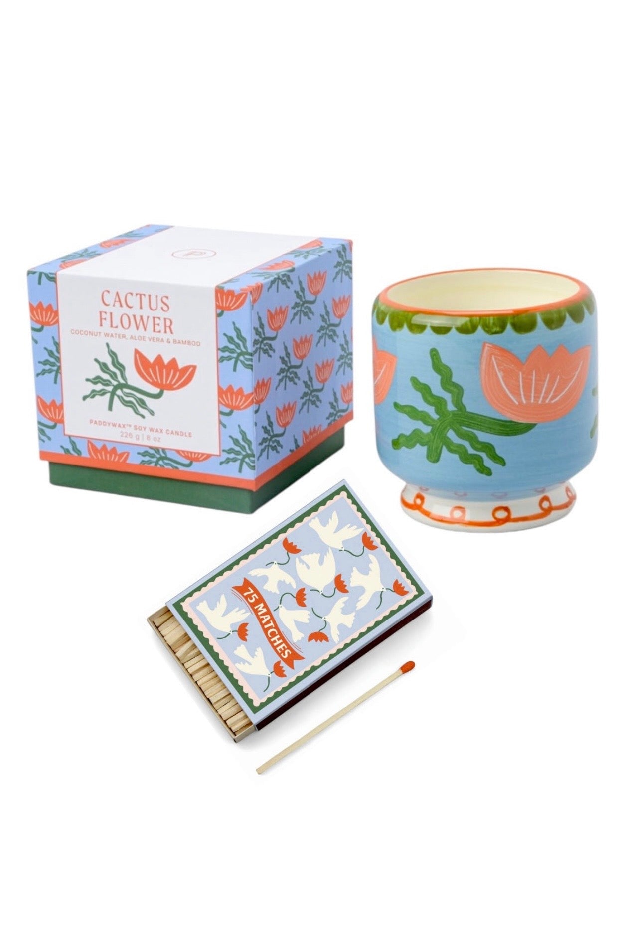 Paddywax A dopo Flower - Κεραμικό κερί σόγιας, Cactus Flower 226gr & Σπίρτα 75 τεμ