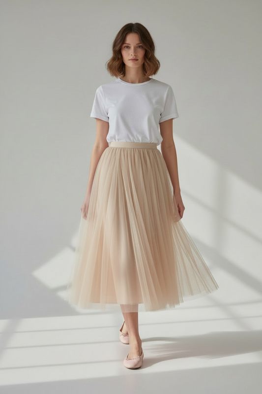 Charizma - Μπεζ Midi Φούστα Από Τούλι Με Ελαστική Φόδρα