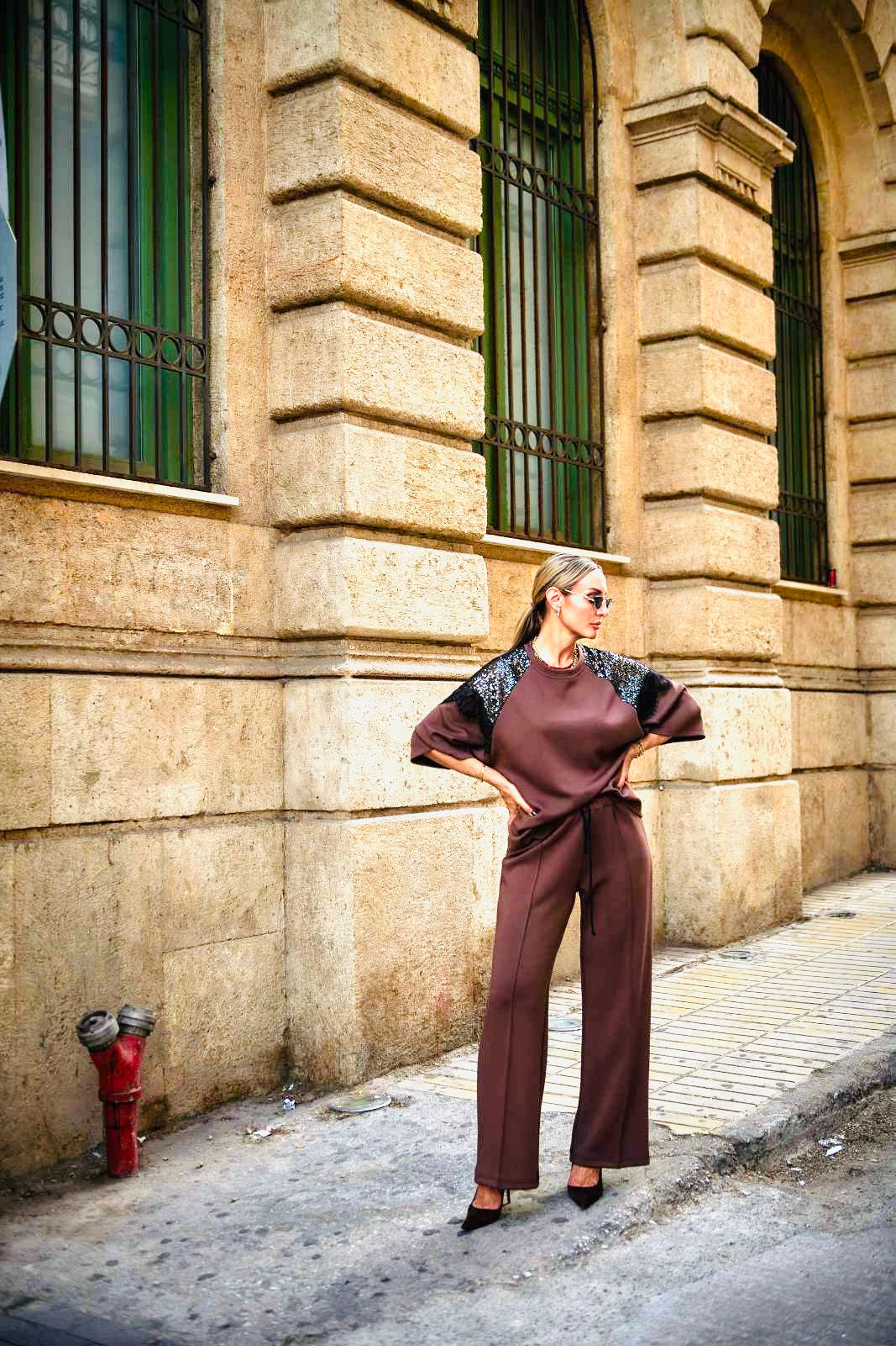 Figaro - Φαρδιά Παντελόνα Καφέ με Λάστιχο & Ρίγα στο Πλάι