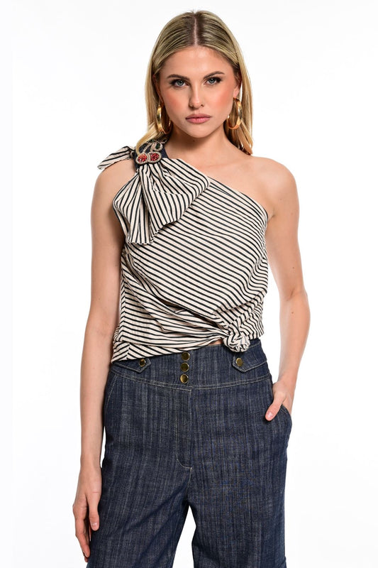 We Coss - Ριγέ One Shoulder Top με Τζιν & Διακοσμητικό με στρας