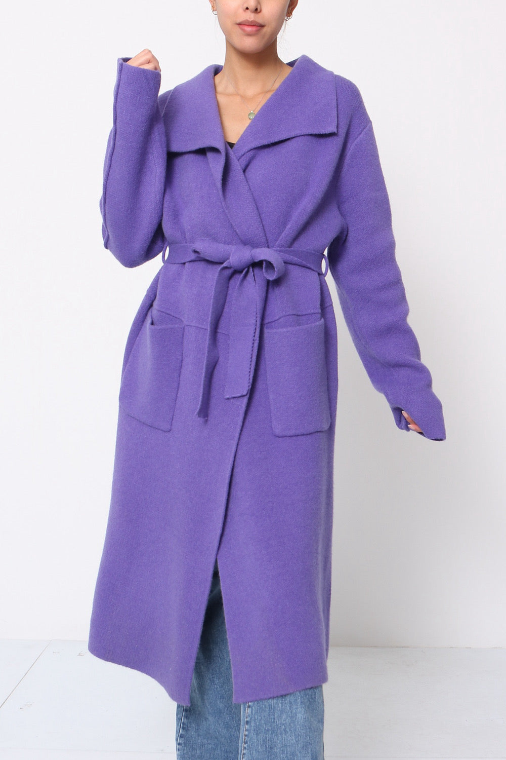 Orlinn - Μωβ Ζακέτα Midi με Τσέπες, Ζώνη & Σκισίματα στο Πλάι