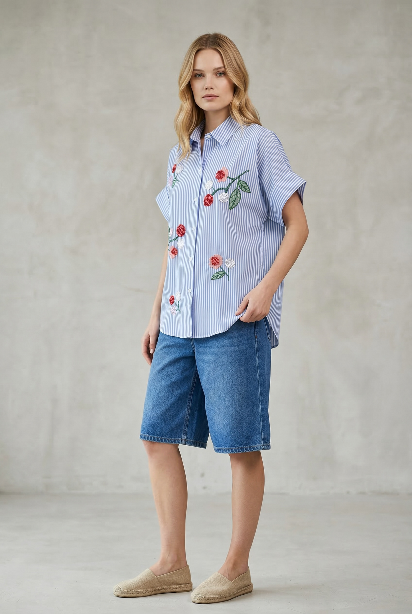 Charizma - Oversized Ριγέ Πουκάμισο με κέντηματα floral Γαλάζιο