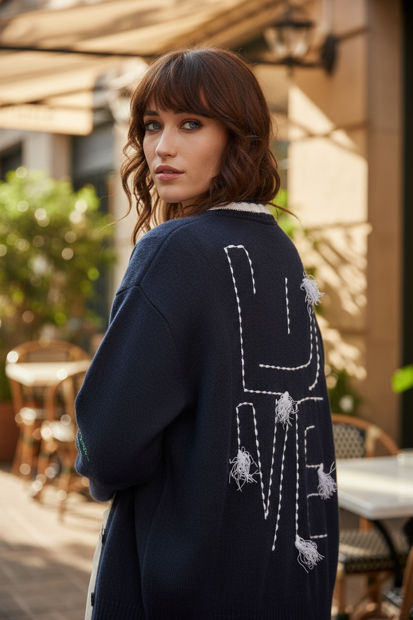 Eighty2 by Figaro - Μαύρη Oversized Ζακέτα με Μαύρη Ρίγα και Κεντημένο "LOVE" στην Πλάτη