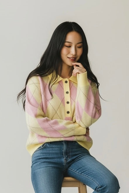 Charizma - Πλεκτό Πουλόβερ Ρόμβοι (Argyle) Ροζ - Κίτρινο