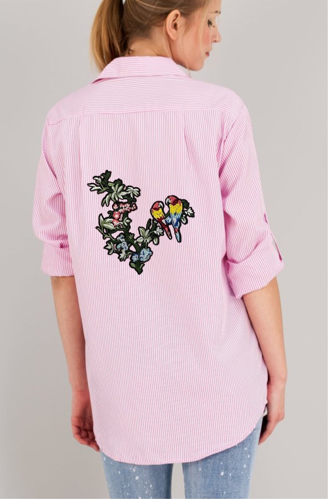 ANLYTA - Πουκάμισο Ροζ Ριγέ Oversized Με Κέντημα στη Πλάτη