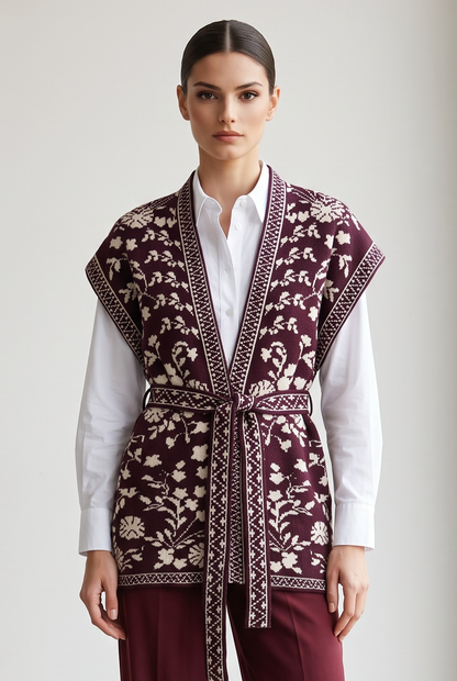 Charizma- Πλεκτό Μπορντώ Γιλέκο Kimono με Ζώνη & Ζακάρ Floral Σχέδιο
