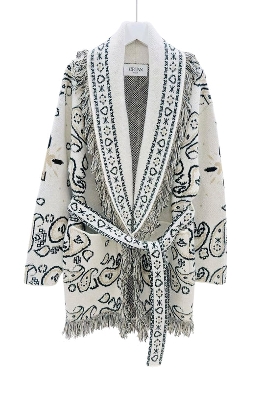Orlinn - Ζακέτα Παλτό Boho Chic με Κρόσσια & Ζώνη Υπόλευκο