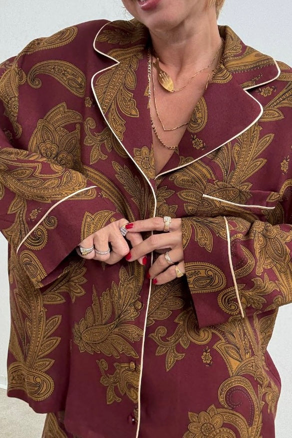 Lumina - PJ Chic Style Σετ Παντελόνα με Πουκαμίσα σε Λαχούρια Μπορντώ