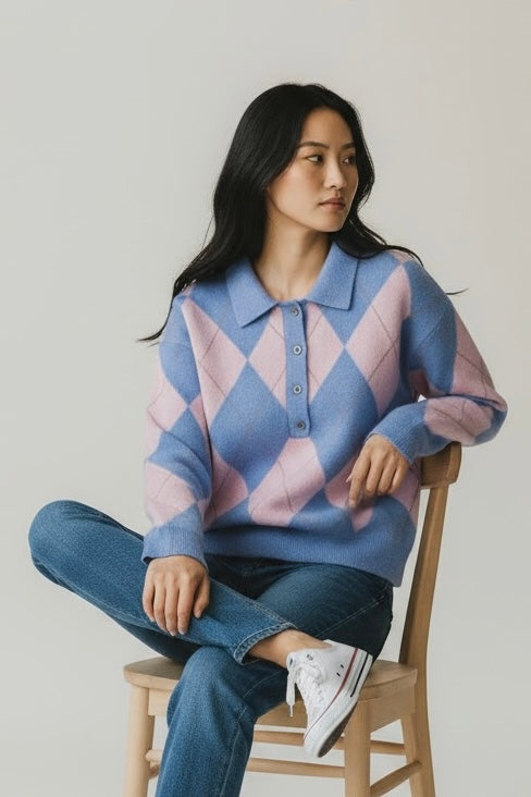 Charizma - Πλεκτό Πουλόβερ Ρόμβοι (Argyle) Ροζ -Γαλάζιο