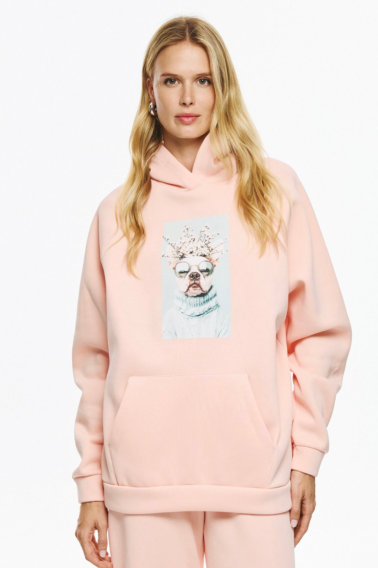 Unitee- Φούτερ Μπλούζα Ροζ με Κουκούλα με Γαλλικό Μπουλντόγκ