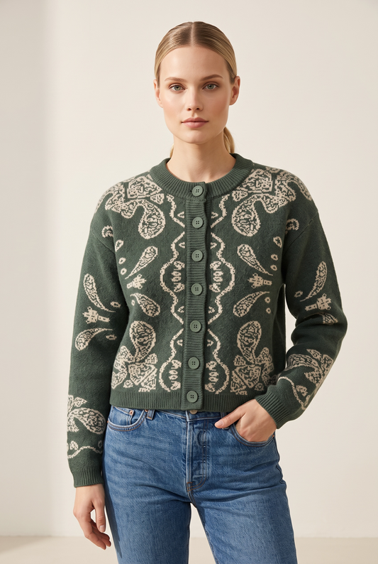 An'ge - Gilet Nayana Militaire Πλεκτή Ζακέτα Jacquard Με Στρογγυλή Λαιμόκοψη