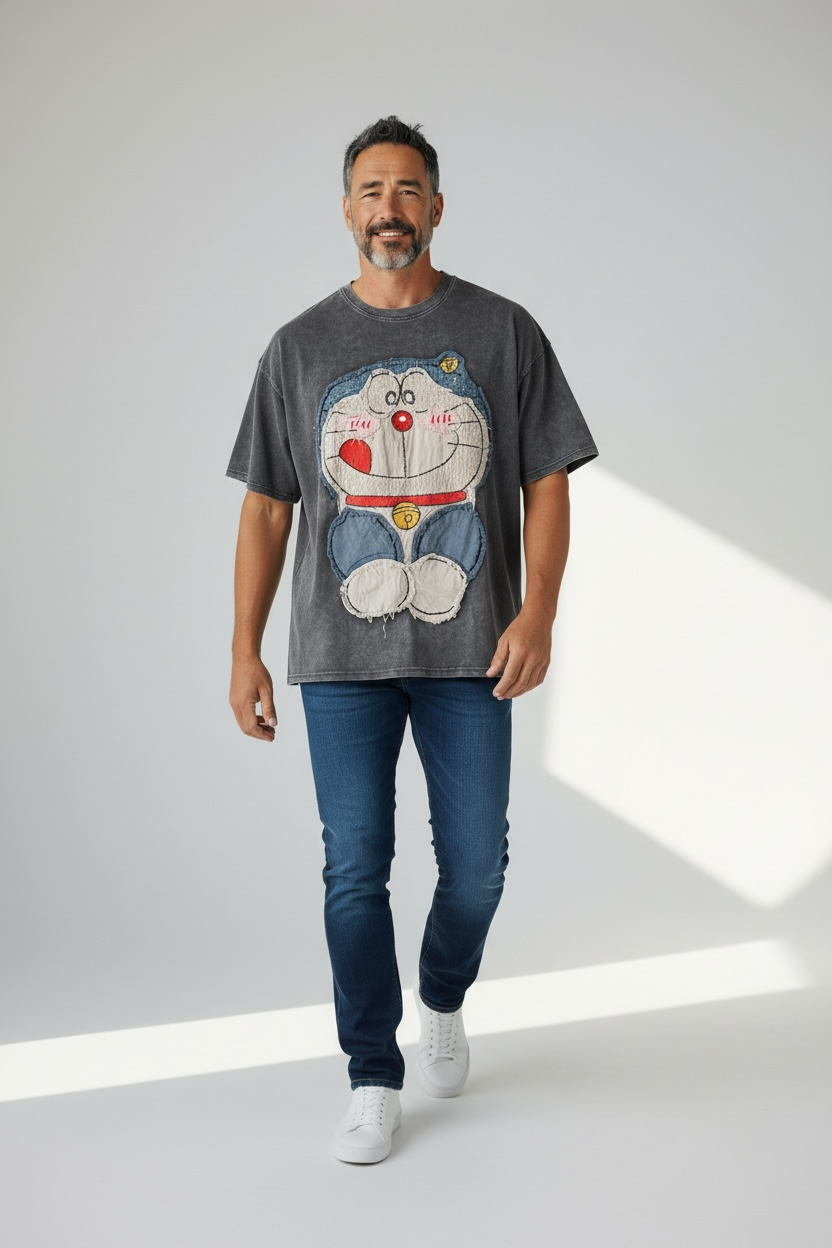 Charizma - Γκρι Oversized Unisex Βαμβακερό T-Shirt Μακό Απλικαρισμένο σχέδιο Doraemon