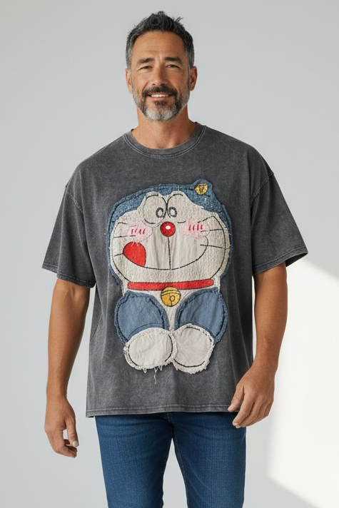 Charizma - Γκρι Oversized Unisex Βαμβακερό T-Shirt Μακό Απλικαρισμένο σχέδιο Doraemon