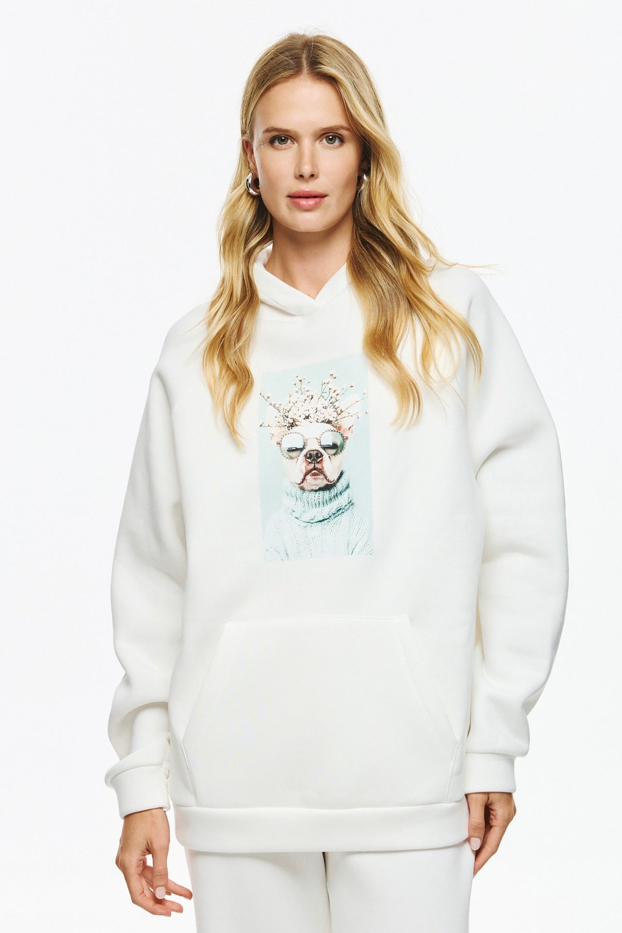 Unitee- Φούτερ Μπλούζα Λευκό με Κουκούλα με Γαλλικό Μπουλντόγκ