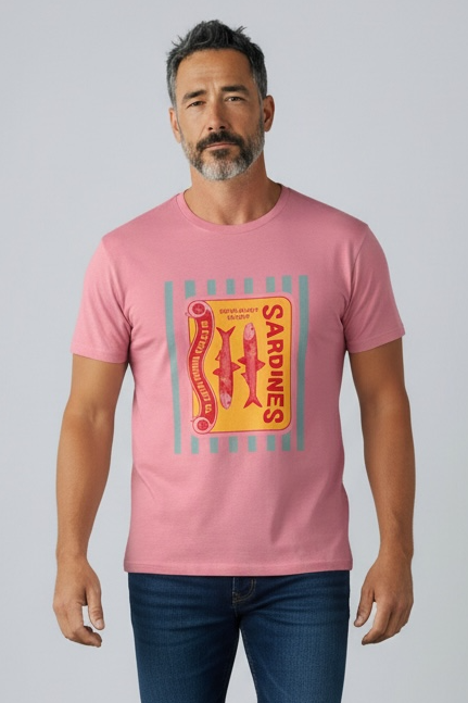 Charizma - Unisex Βαμβακερό Ροζ Μακό T-Shirt Oversized με Στάμπα Sardines