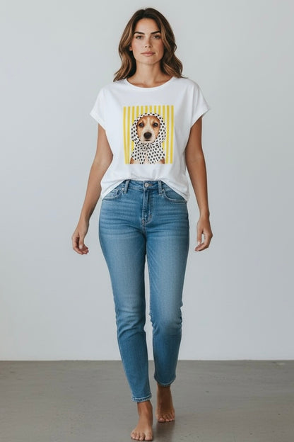 Charizma - Λευκό Μακό T-Shirt με Στάμπα Σκυλάκι & Κίτρινες Ρίγες