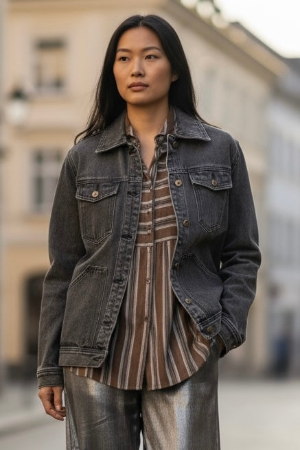 Charizma - Jean Μαύρο Πουκάμισο ή Μπουφάν Με Ασύμμετρες Τσέπες