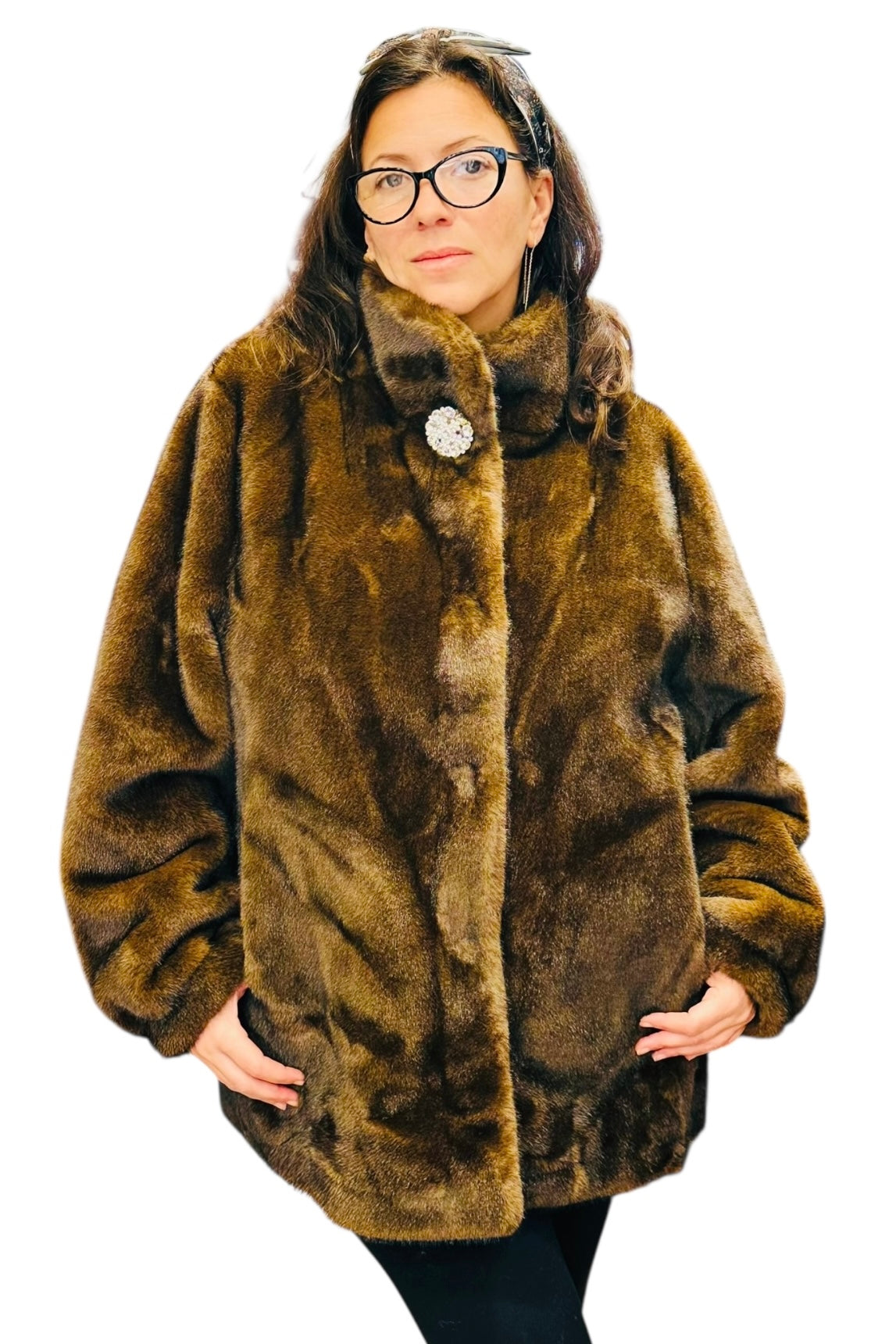 Charizma - Συνθετική Γούνα με Ψηλό Γιακά, Τσέπες & Στρασένιο Κουμπί στον Λαιμό Καφέ