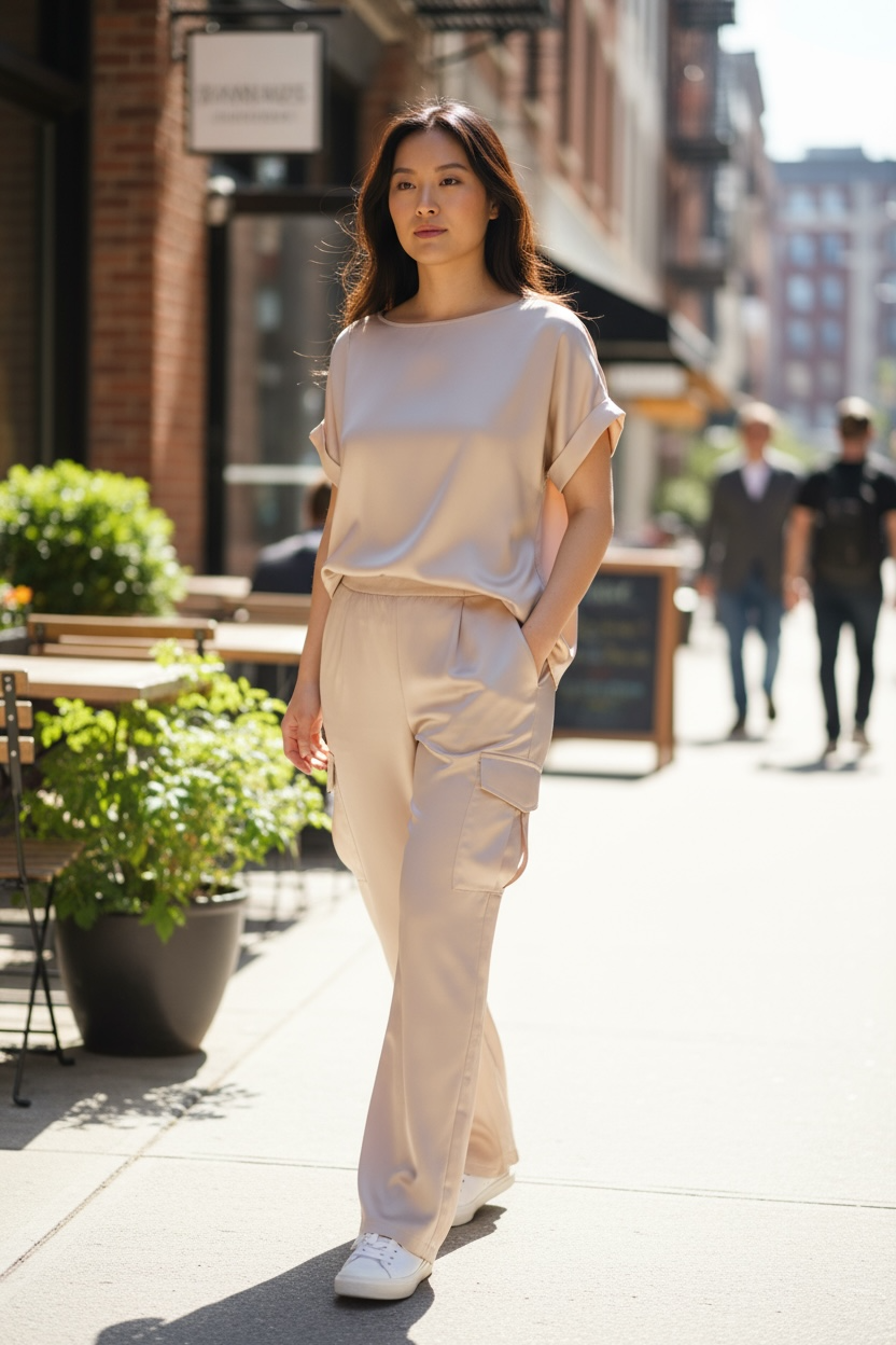 Cache Cache - Σετ Μπλούζα Σατέν & Παντελόνα Με Τσέπες Vanilla