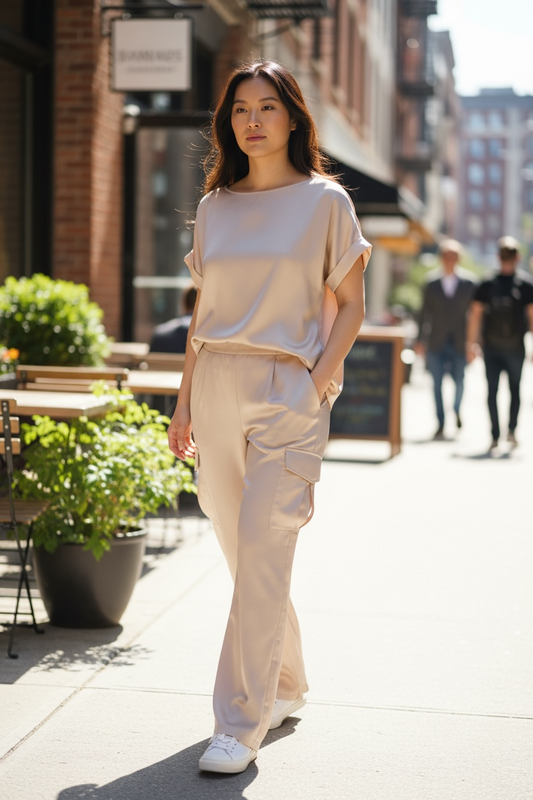 Cache Cache - Σετ Μπλούζα Σατέν & Παντελόνα Με Τσέπες Vanilla