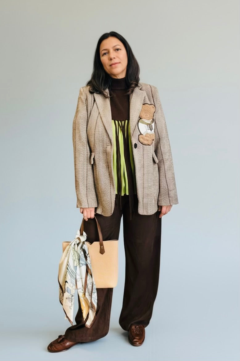 Charizma - Γυναικείο Καφέ Σακάκι Ψαροκόκκαλο με Αρκουδάκι