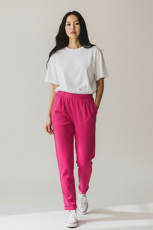 New Age Cola - Γυναικείο Παντελόνι με Λάστιχο στη Μέση, Πιέτες & Ρεβέρ Φούξια