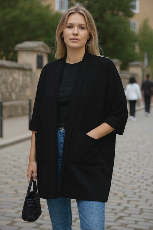 Charizma - Πλεκτή Μακριά Ζακέτα Με Κοντά Μανίκια Και Τσέπες