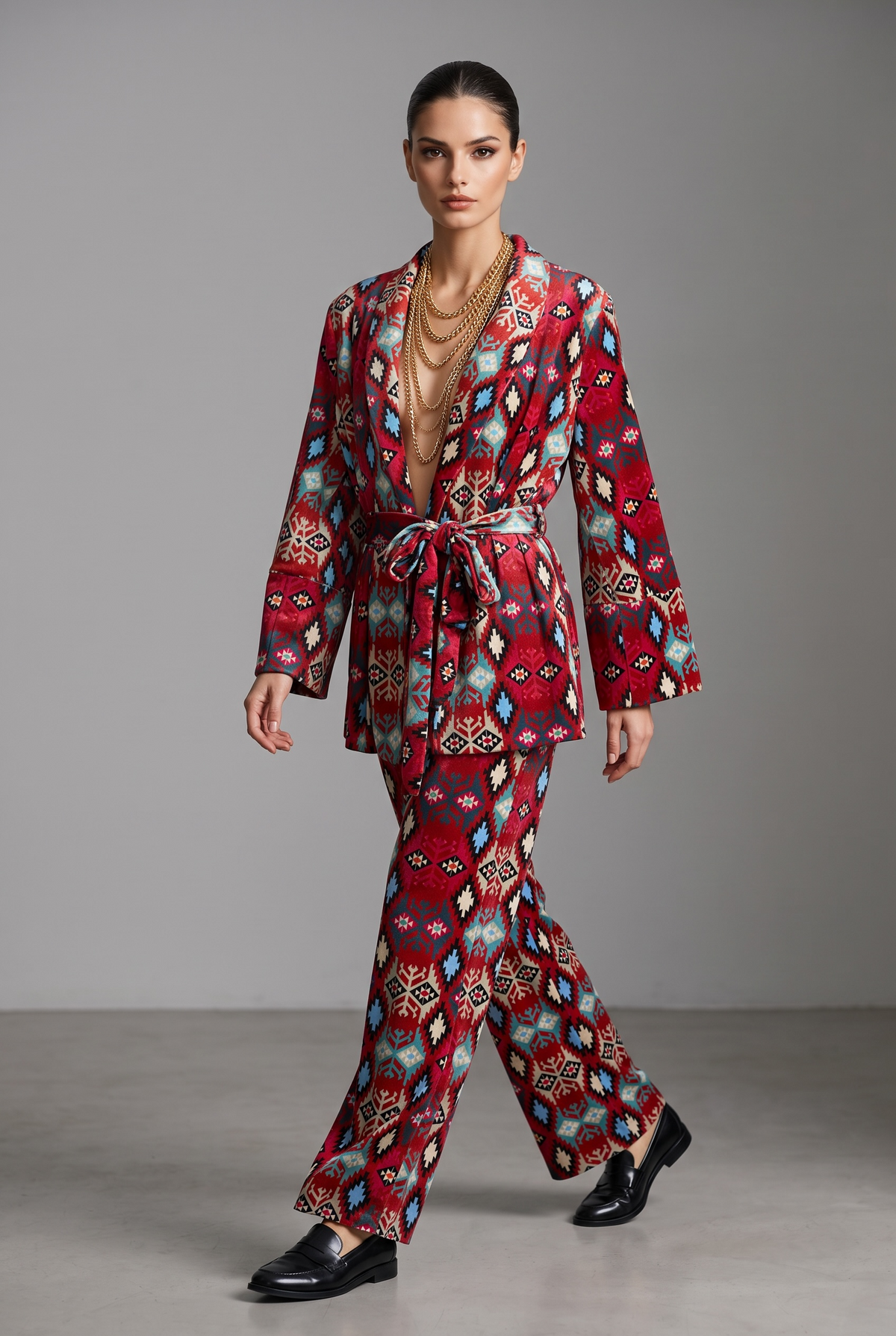 New Age - Jesica Ελαστική Κόκκινη Παντελόνα Βελούδο Με Boho Σχέδιο