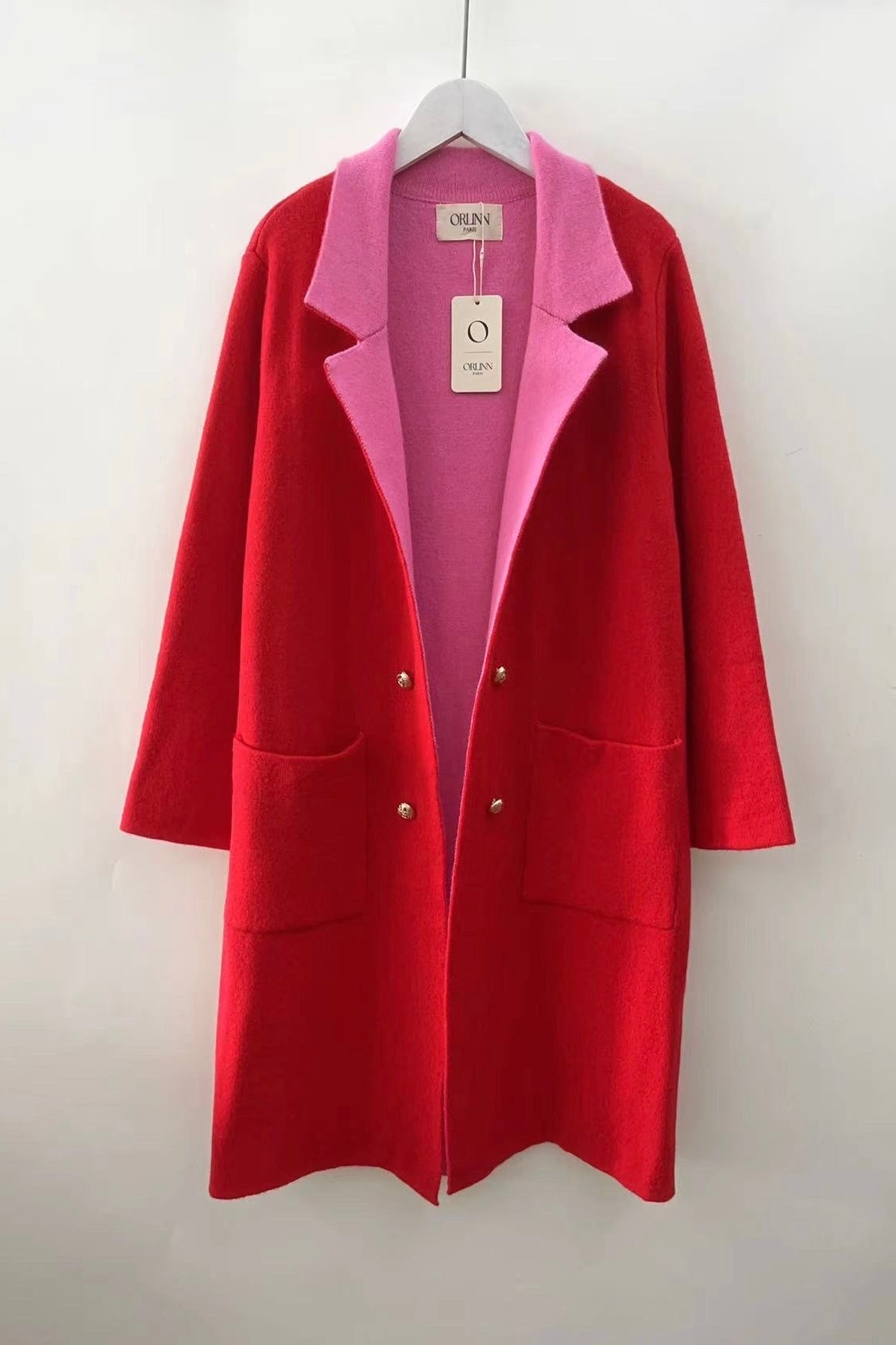 Orlinn - Ζακέτα Midi με Διπλή Απόχρωση στο Πέτο & Διακοσμητικά Χρυσά Κουμπιά Κόκκινη