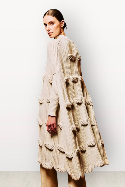 Tailor Made - Μακριά Kάπα Πλεκτή Premium Απαλή Υφή & Art-Details Εκρού