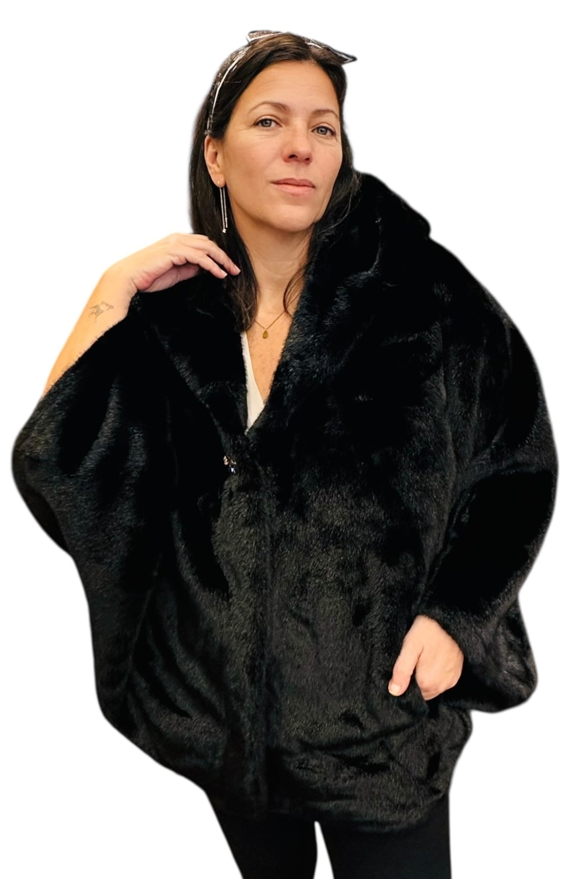 Charizma - Συνθετική Γούνα με Κουκούλα, Τσέπες σε Στυλ Κάπας Μαύρη