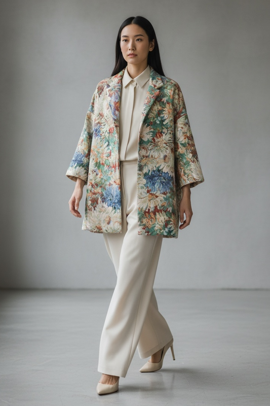 Charizma -  Statement Πανωφόρι Μπροκάρ με Ανάγλυφα Μοτίβα & 3/4 Μανίκια Λουλούδια