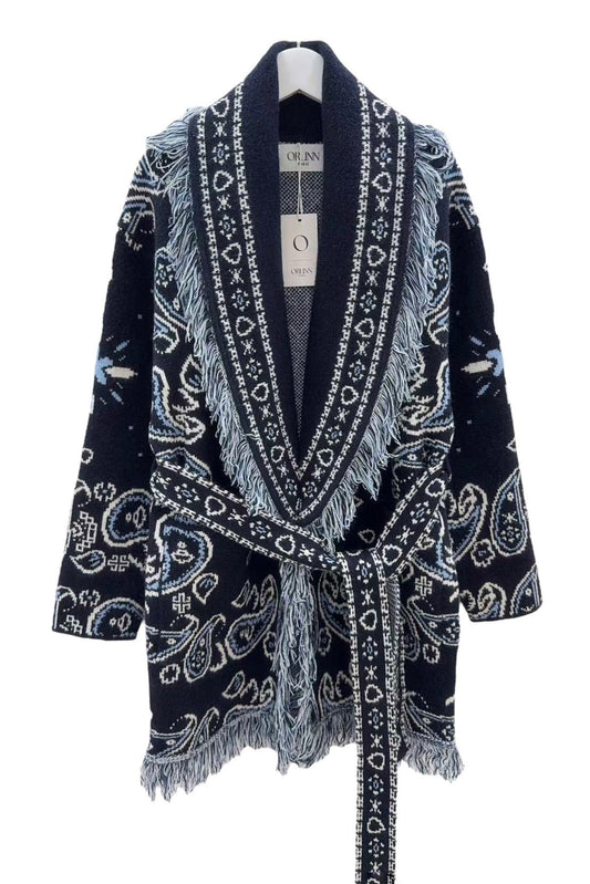 Orlinn - Ζακέτα Παλτό Boho Chic με Κρόσσια & Ζώνη Μπλε
