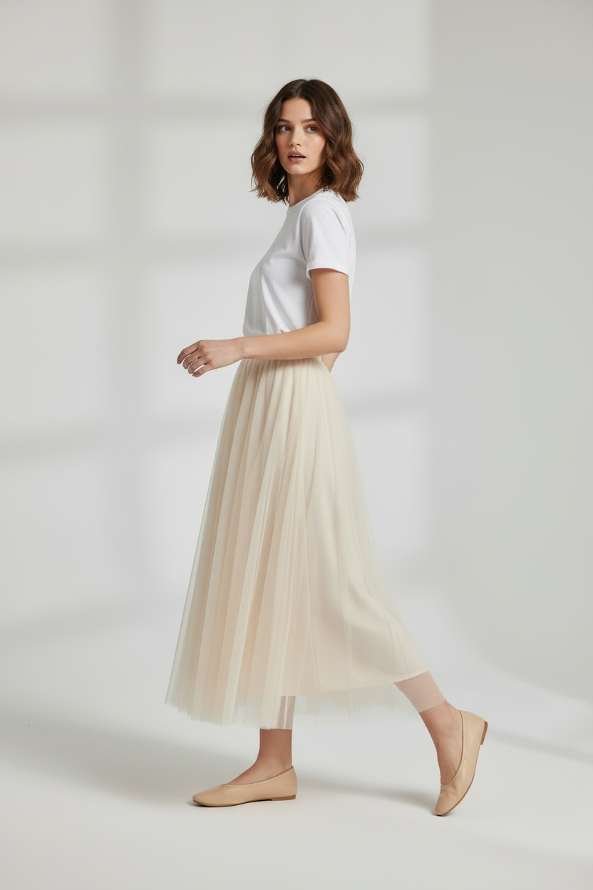 Charizma - Μακριά Φούστα από Τούλι με Ελαστική Μέση & Εσωτερική Φόδρα Εκρού