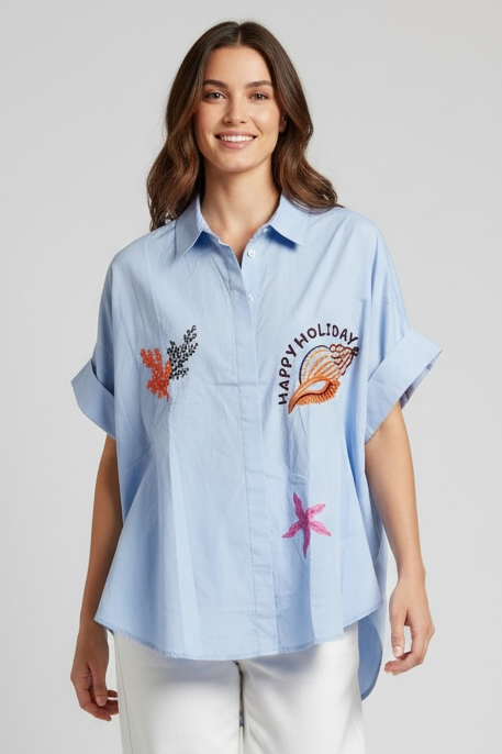 Charizma - Γαλάζιο πουκάμισο με κεντήματα & oversized γραμμή