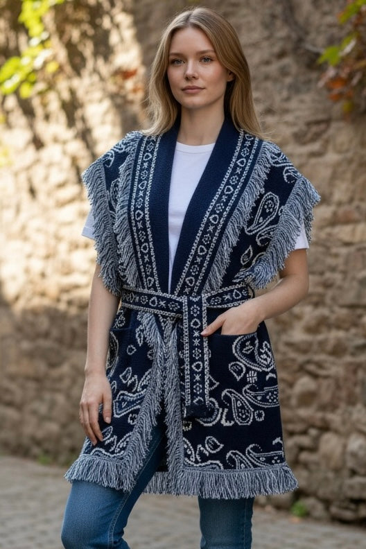 Orlinn - Αμάνικη Ζακέτα Boho Chic με Κρόσσια & Ζώνη Μπλε