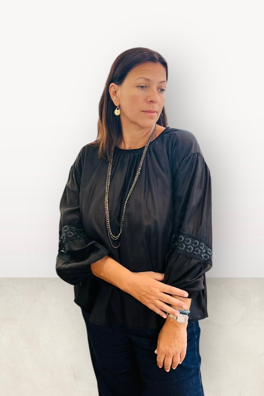 Figaro - Ρομαντική Μπλούζα με Φουσκωτά Μανίκια και Δαντέλα Μαύρο